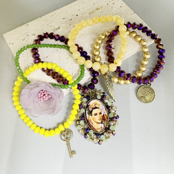 6-PC SET Boho NEW Gorgeous Frida Artist Mexico Artisan Beaded Charm Bracelets - Picture 3 of 5